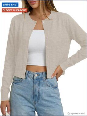 Cropped Cardigan Sweater Button Down Long Sleeve Crew Neck Knit